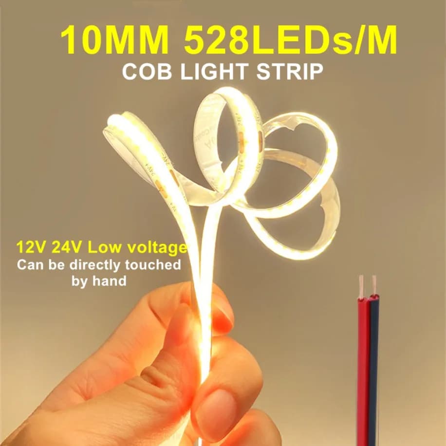 Striscia LED COB ad alta densità 5 ~ 1m 12V/24V 528LED/M Barra luminosa a nastro LED flessibile 10MM Luce lineare PCB per la decorazione della camera da letto di casa