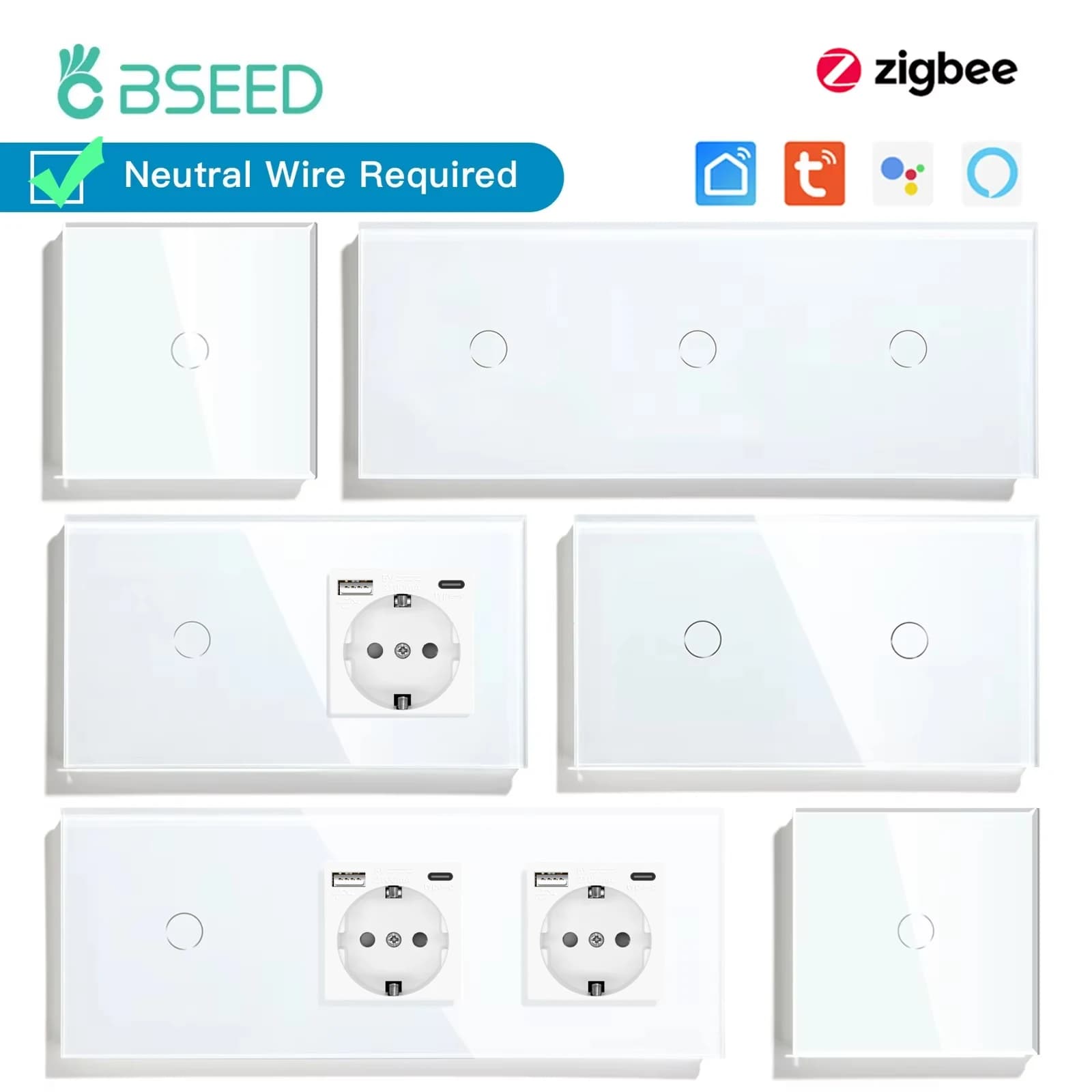 BSEED Zigbee 1/2/3Gang Touch Interruttori Intelligenti Tuya Vita Intelligente App di Controllo Più Tipo-c Prese di Alimentazione USB Pannello di Vetro Standard UE