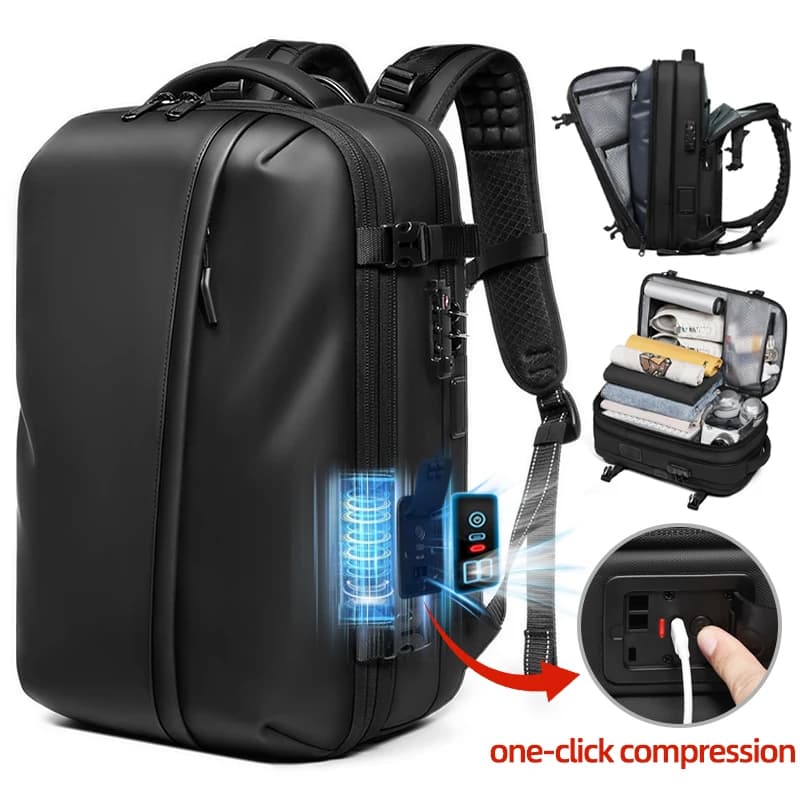 Men's Travel Backpack Boot Pump with One-Click Vacuum Compression 17 Inch Laptop Backpack 60 Liter Extended School Backpack For Hiking
