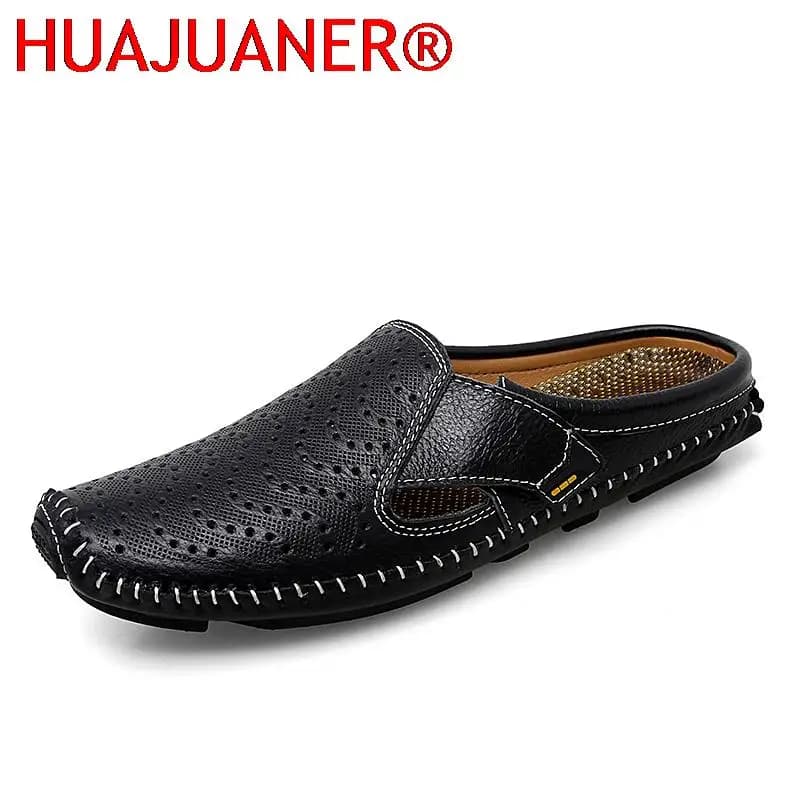 New men's slippers in real leather summer breathable Casual mules half light shoes for man moccasins driving antiskid outdoor man