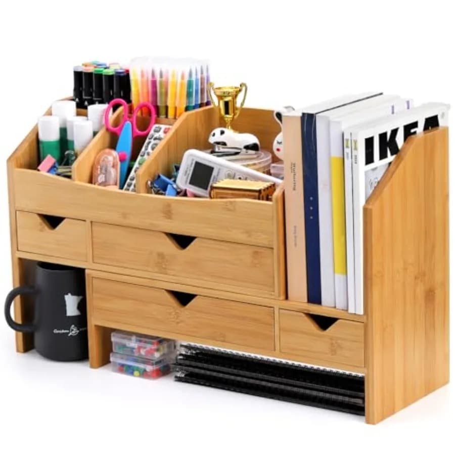 Organizer da Scrivania in Bambù con Portadocumenti Regolabile, Mini Cassetto da Tavolo con 4 Cassetti per Trucchi e Documenti