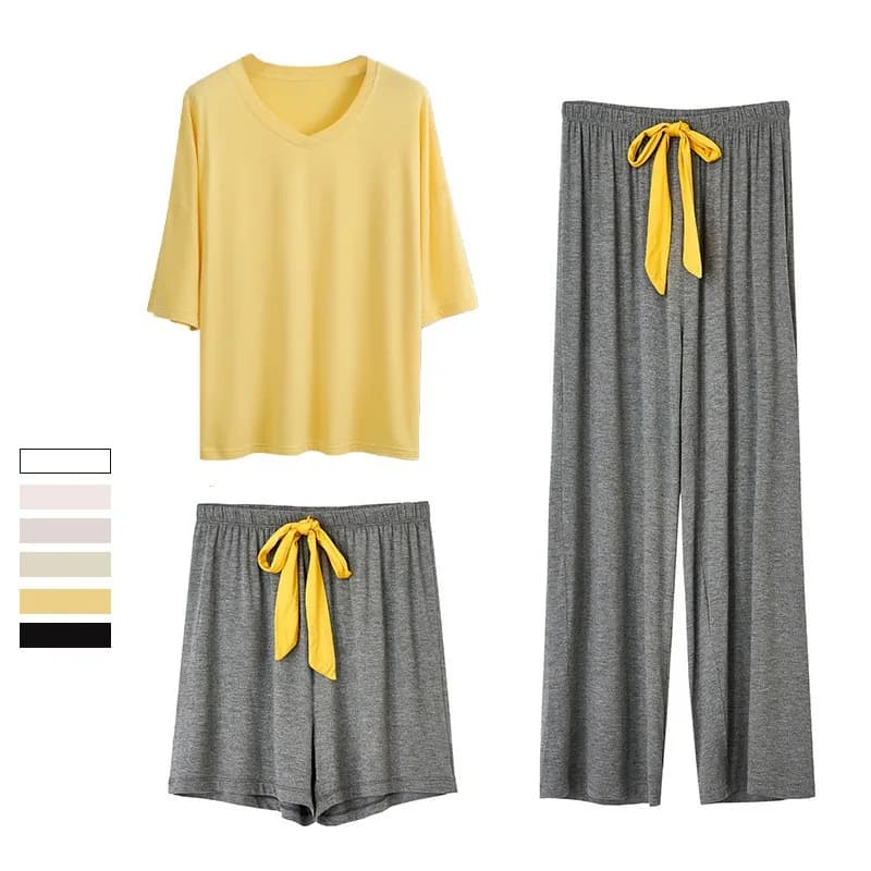 Women's pyjamas in modal wide fit - Short sleeve top color block and long pants - Light nightwear for spring summer