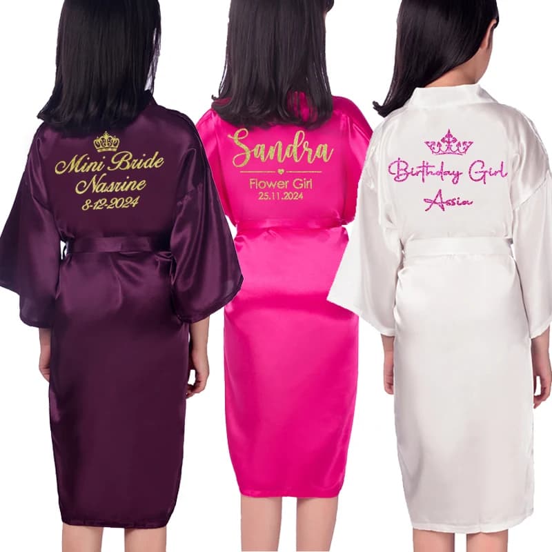 Custom Name Date Flower Girl Kimono Vestaglie Wedding Dresses Pigiama Kids Dress + Belt Night Shirt Brial Party Kid Robe