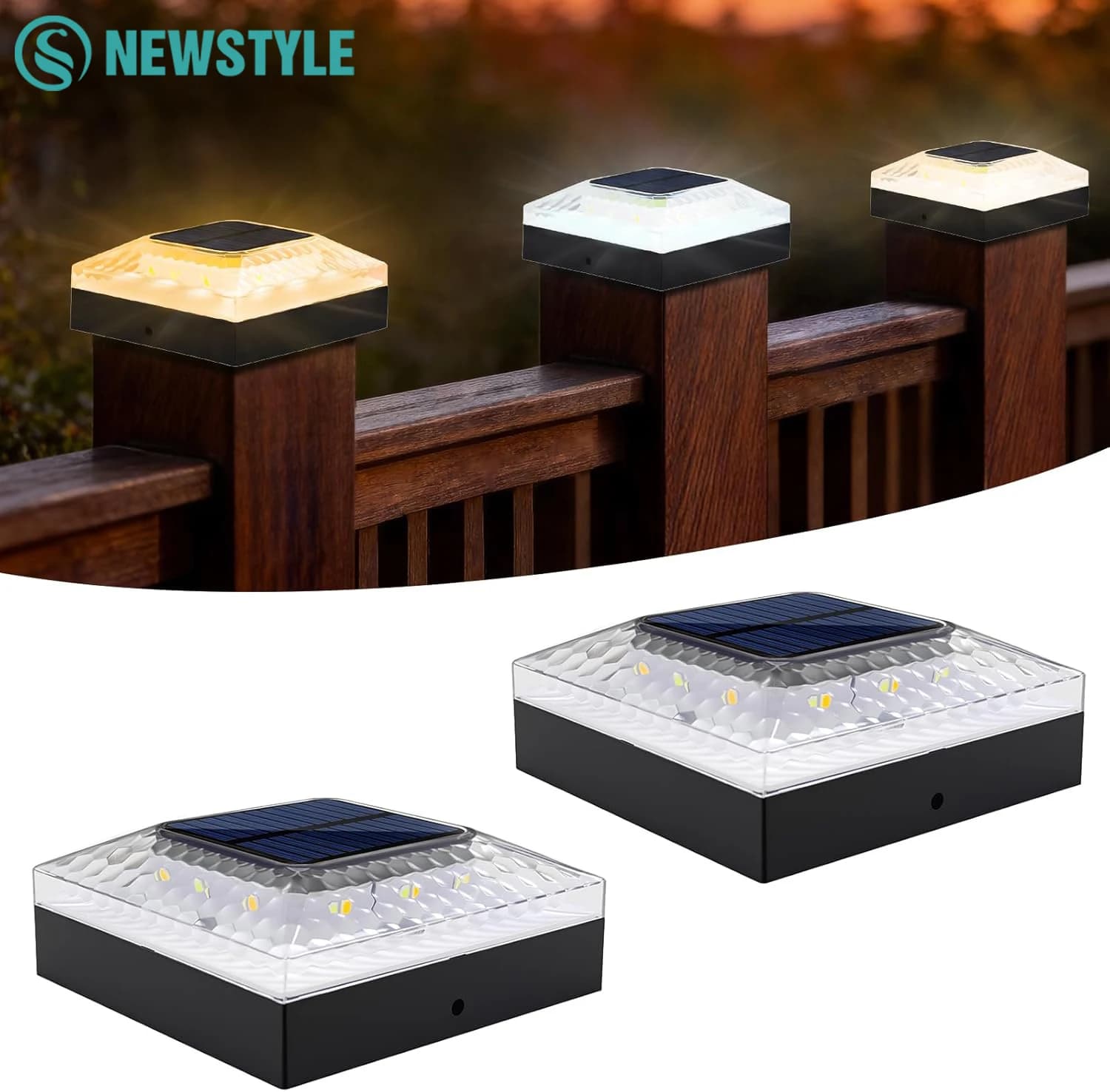 Solar light for 4x4 poles, 3 colors, solar powered fence light, 2 levels of brightness, solar light for pole caps, IP65 waterproof, for wooden pole lighting