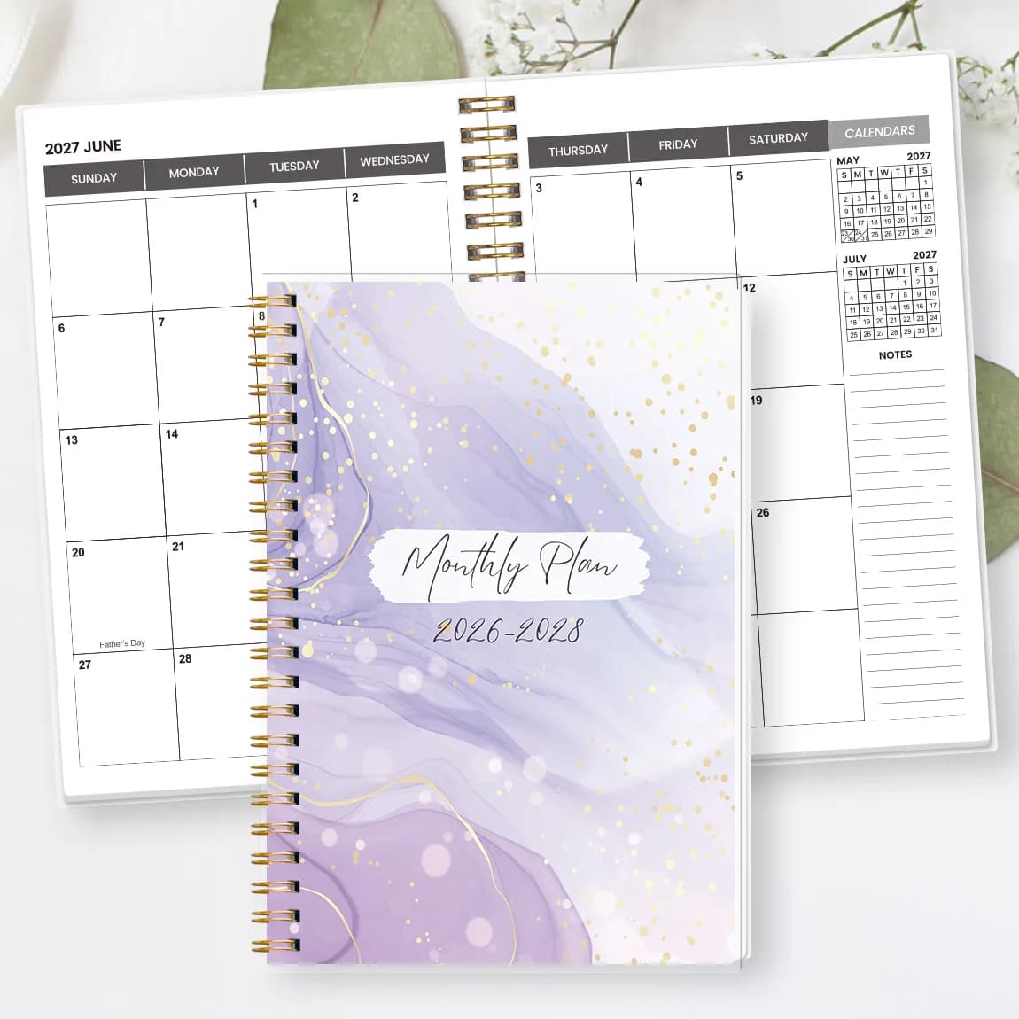 1PC 2026-2028 Monthly Planner, A5 8.15 x 5.71 in Gold Spiral Purple Marble Calendar Notebook for Work Home Planning