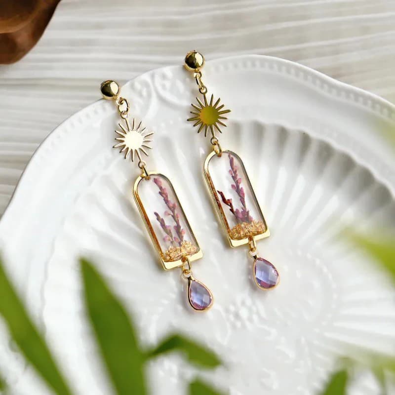 Orecchini Unici in Resina Epossidica con Lavanda Viola, Orecchini Artigianali con Fiori Secchi, Orecchini all'Ingrosso con Piante Naturali, Accessori Personalizzati