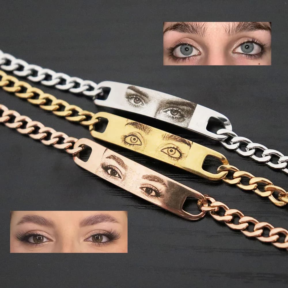 Braccialetto personalizzato con foto incisa per coppia, immagine dell'occhio incisa al laser su catena in acciaio inossidabile, gioielli regalo per coppie