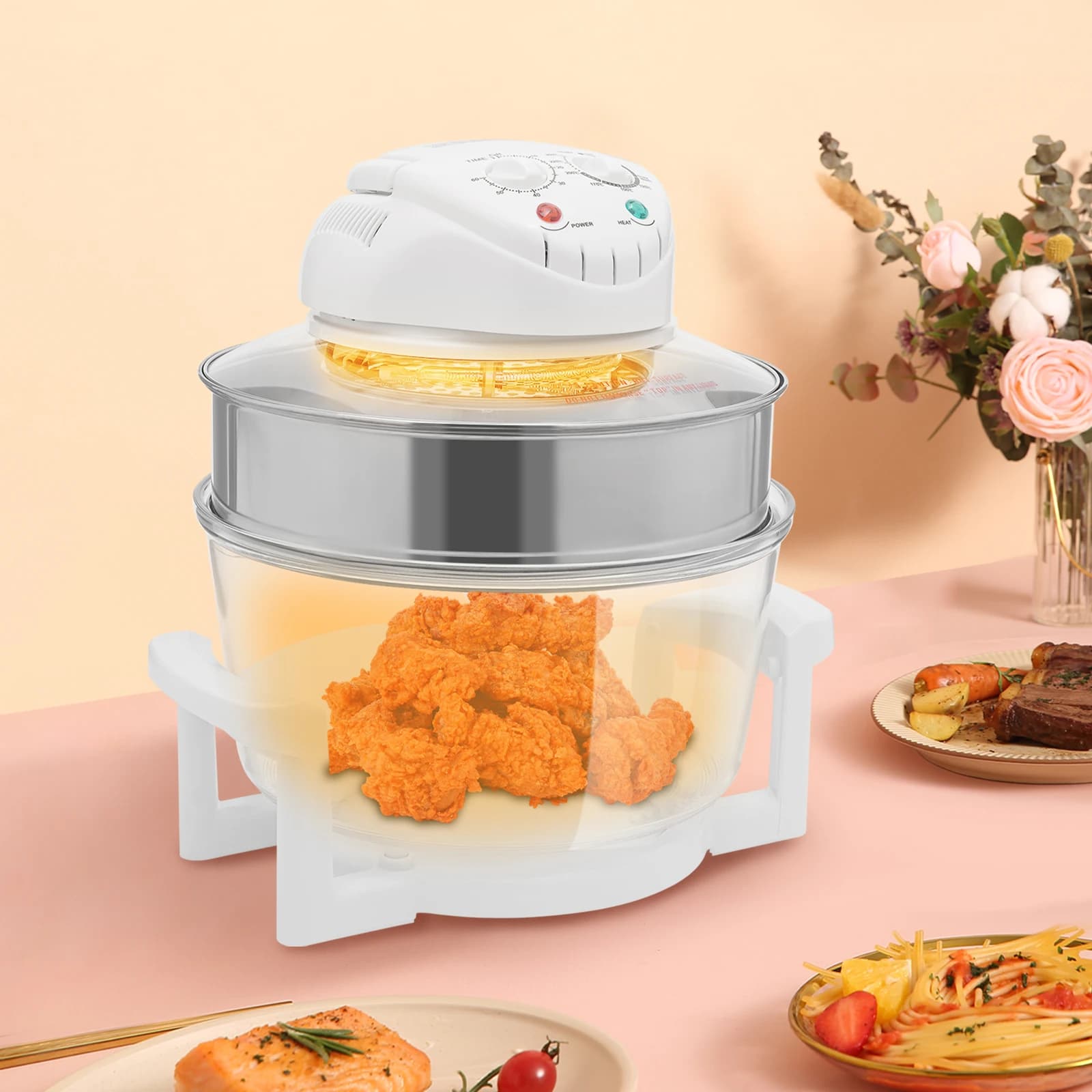 360 ° Friggitrice ad aria in vetro Friggitrice ad aria in vetro non tossico con 2 griglie, friggitrice ad aria da 17,96 Qt/17 litri, timer da 60 minuti, 0 ℃ -250 ℃ Alogeno e Aria Calda 110V