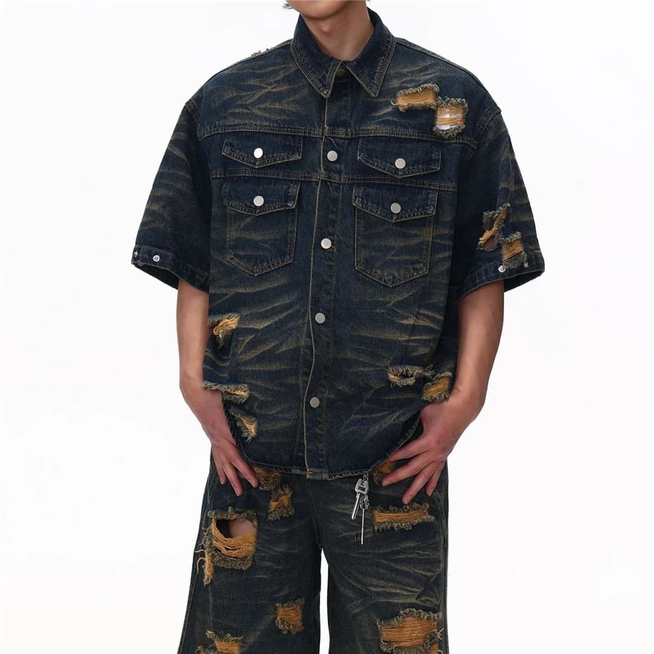 Set of jeans with ripped hole Streetwear Jeans patchwork hip-hop Men's shirts Vintage wide jeans shorts Harajuku oversize Men's shirt