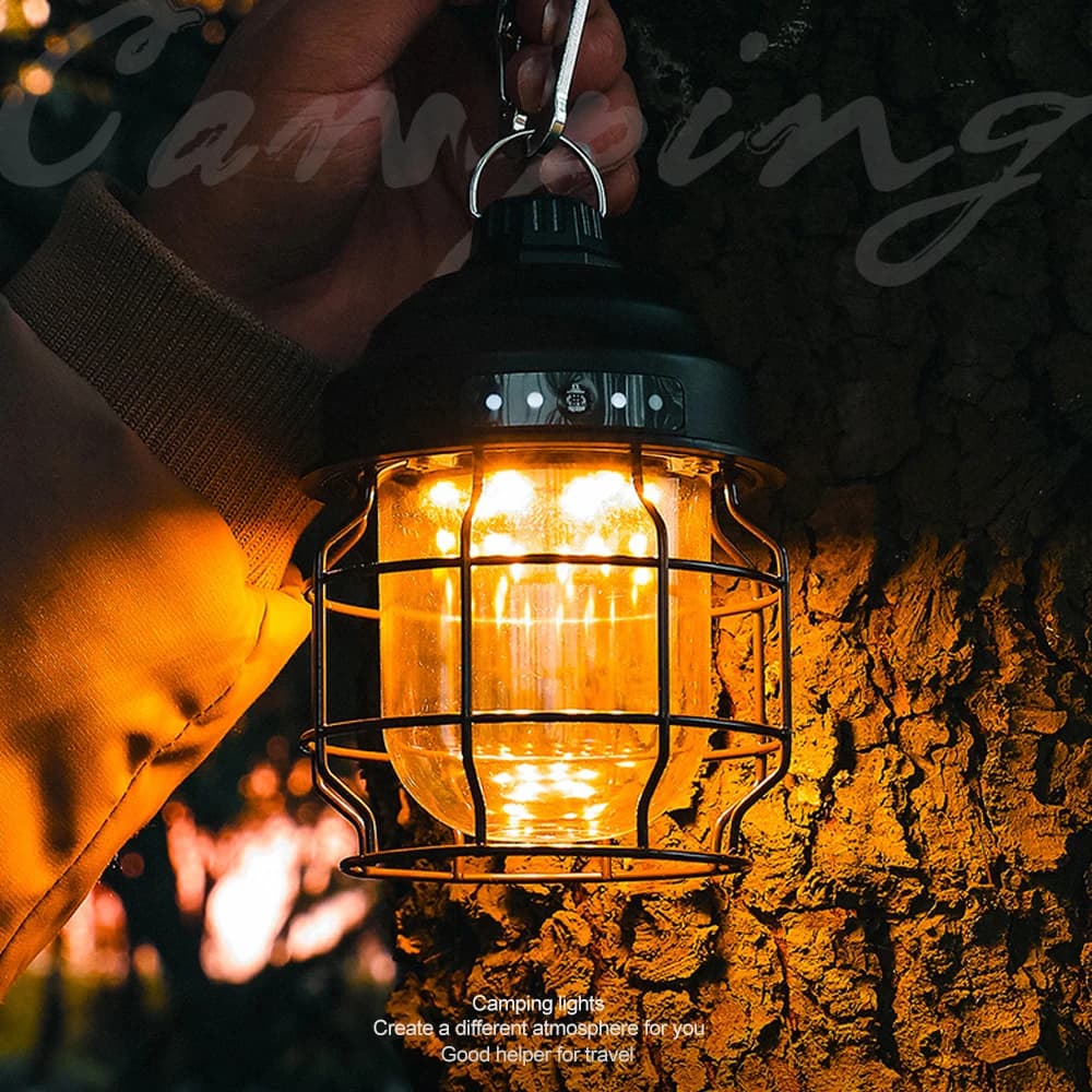 Lanterne da campeggio sospese in metallo vintage 3600mAh Alimentate a batteria Luce calda Lanterna da campeggio a LED Luce da tenda ricaricabile per esterni