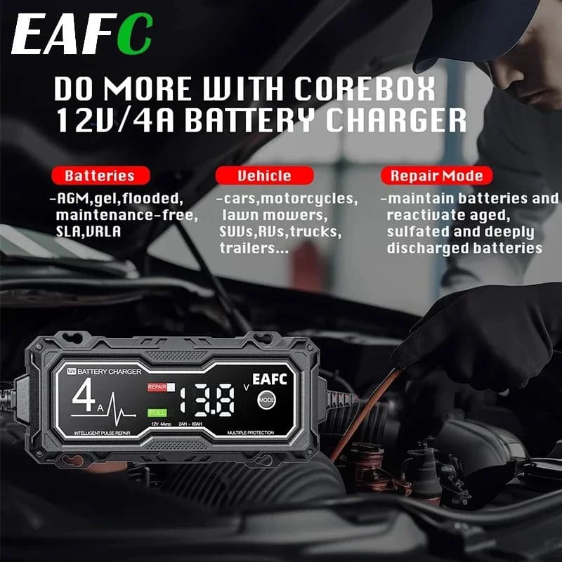EAFC 4A Caricabatteria per auto moto Caricabatterie intelligenti Protezione multipla Riparazione impulsi Batteria al piombo AGM yCharger
