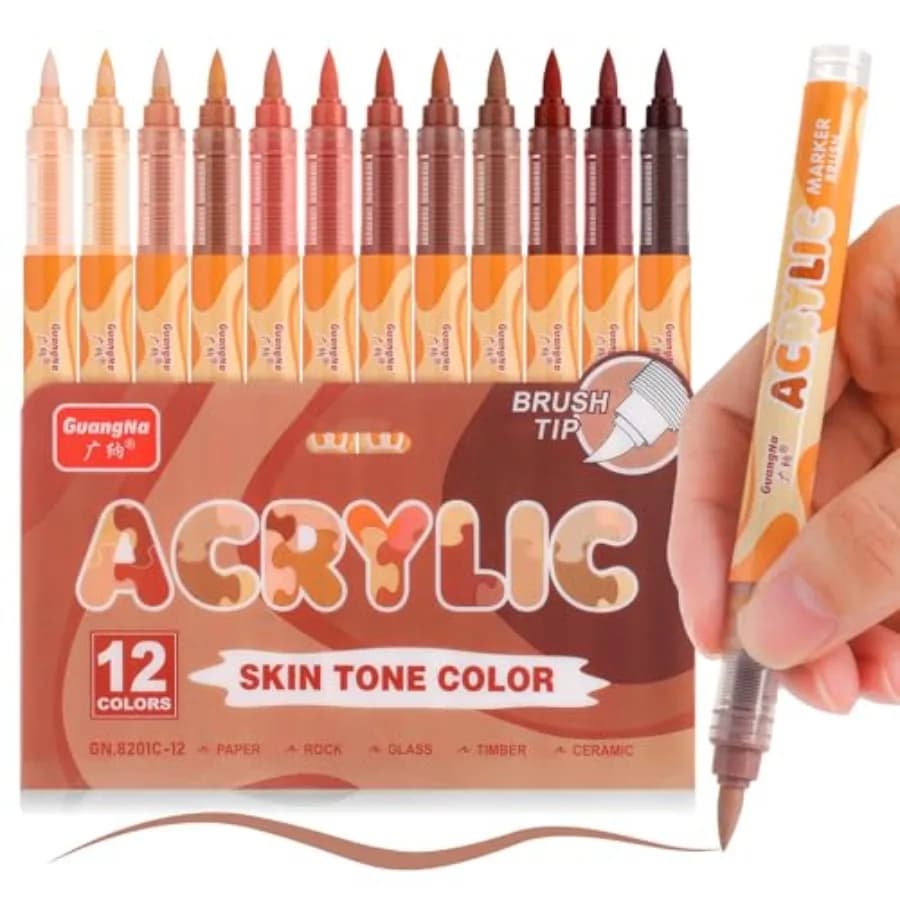 kander Acrylic Paint Markers 12 Colors, Skin Tone Series Set with Soft Brush Tip Water Based, Fine Tip Markers for Wood, Canvas