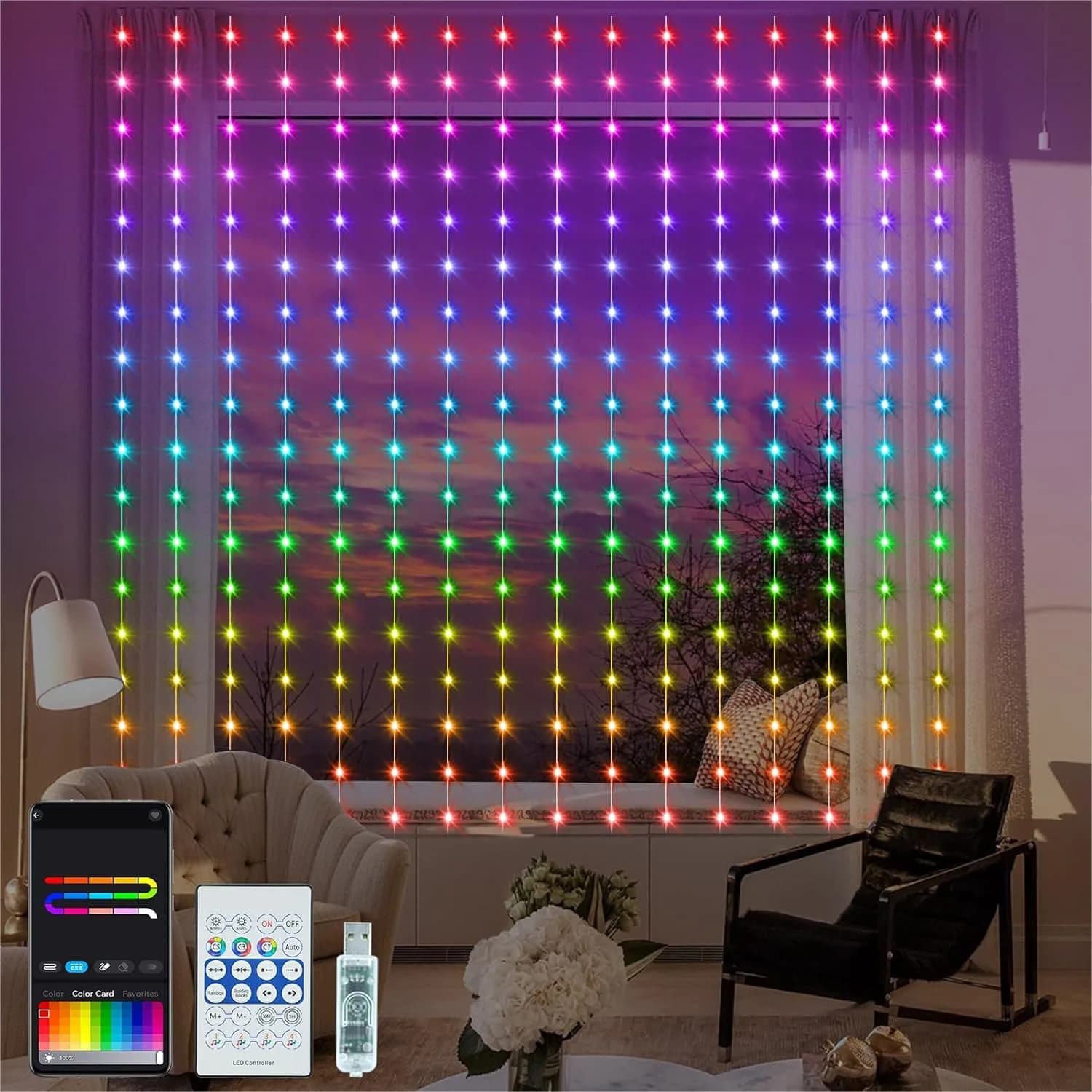 Luci per tende intelligenti RGB 5050 con chip integrato, luci per tende che cambiano colore con sincronizzazione musicale, telecomando tramite APP, luci fatate alimentate tramite USB da 8 piedi x 6 piedi 144 LED per decorazioni da giardino, patio e feste