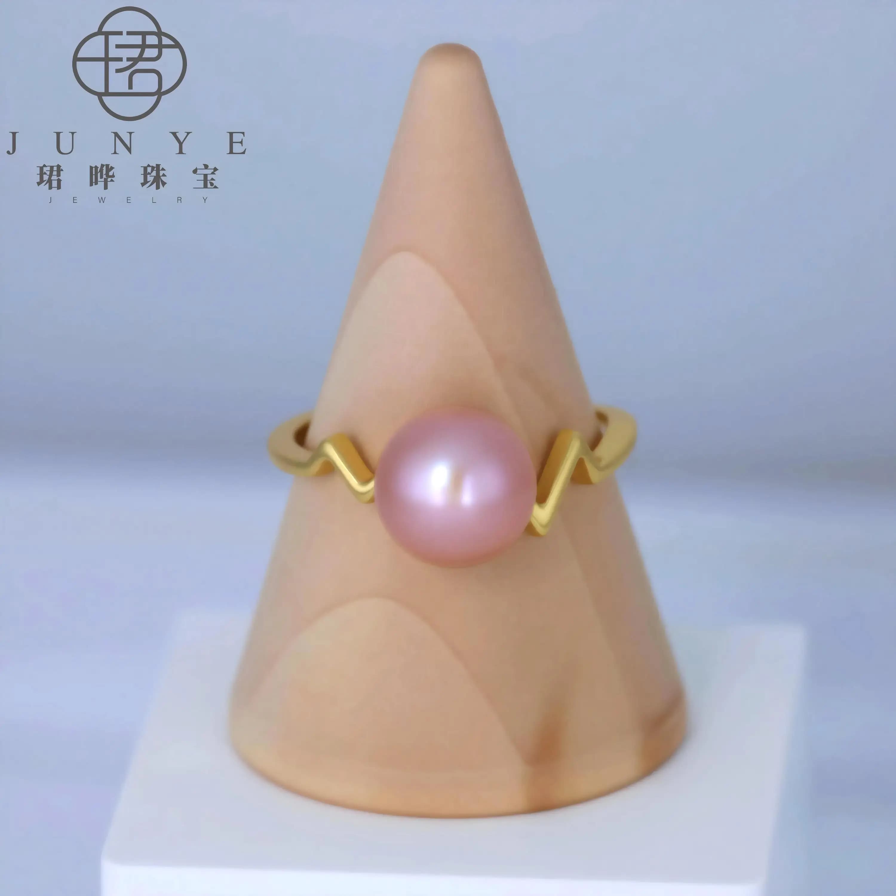 Anello di design di alta moda con motivo a battito cardiaco, con forte riflessione di luce, in rosa pesca/bianco, con perla ecologica d'acqua dolce coltivata, con confezione regalo