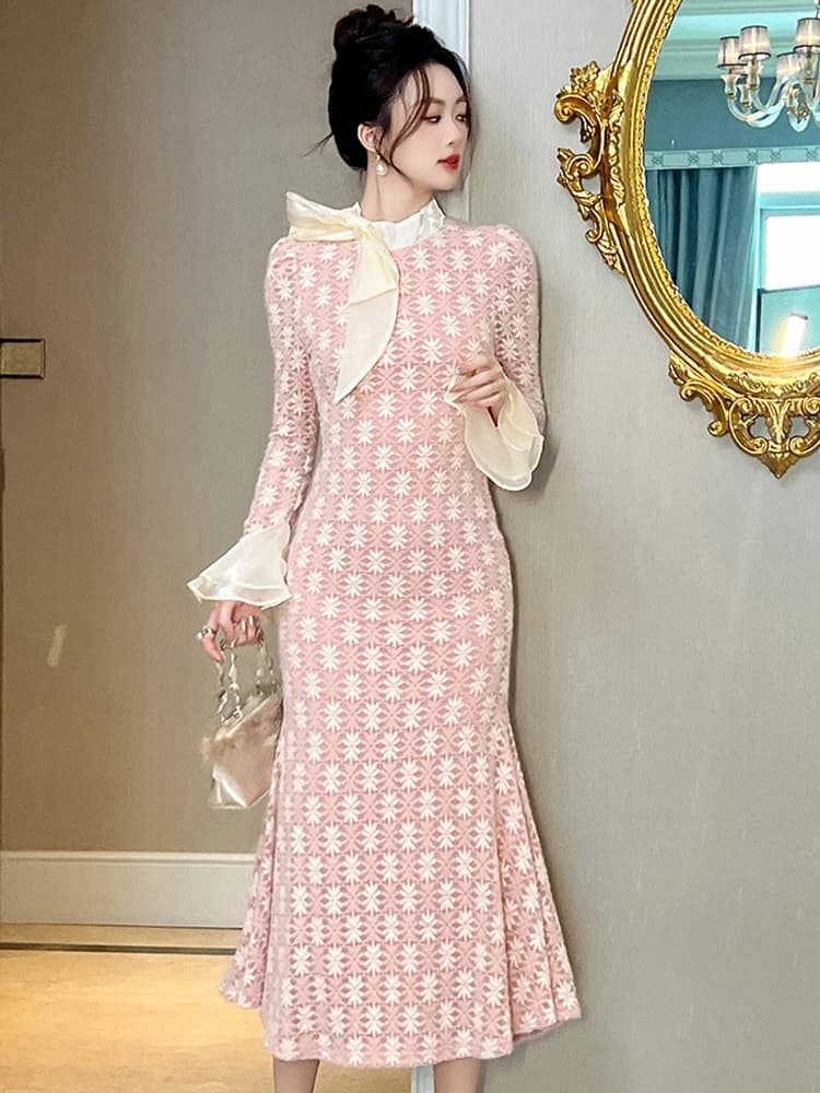 Fashion Delicate Party Dresses Women's Elegant Lace Bow Pink With Volant Long Fish Queue Long Dress Date Banking Mujer Dresses