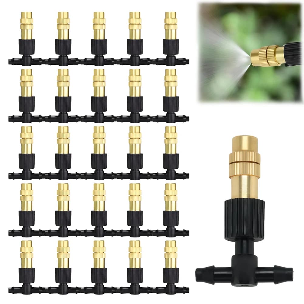 10-100 Pezzi Ugelli Spray Regolabili in Ottone con Tubo da 4/7mm, Irrigatore a Nebulizzazione con Giunto a T da 1/4” per Giardino, Serra, Prato