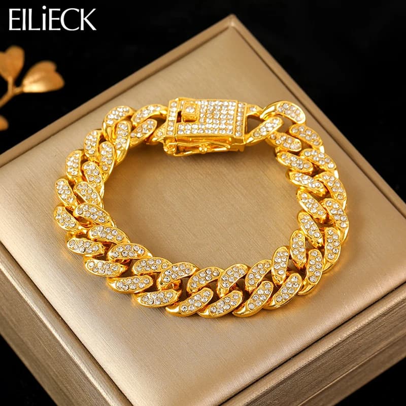 EILIECK Bracciale a catena cubana color oro in acciaio inossidabile 316L per donna Uomo Trendy Punk impermeabile catena da polso gioielli regalo festa