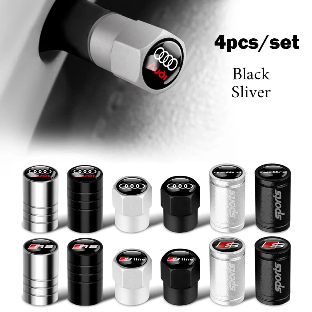 4pcs Car Wheel Tire Valve Caps Tyre Rim Stem Covers Airdust For Audi 8P B9 8V A5 A6 C7 RS RS3 RS4 RS5 RS6 RS7 A7 Q3 Q5 Q7 S3 S6