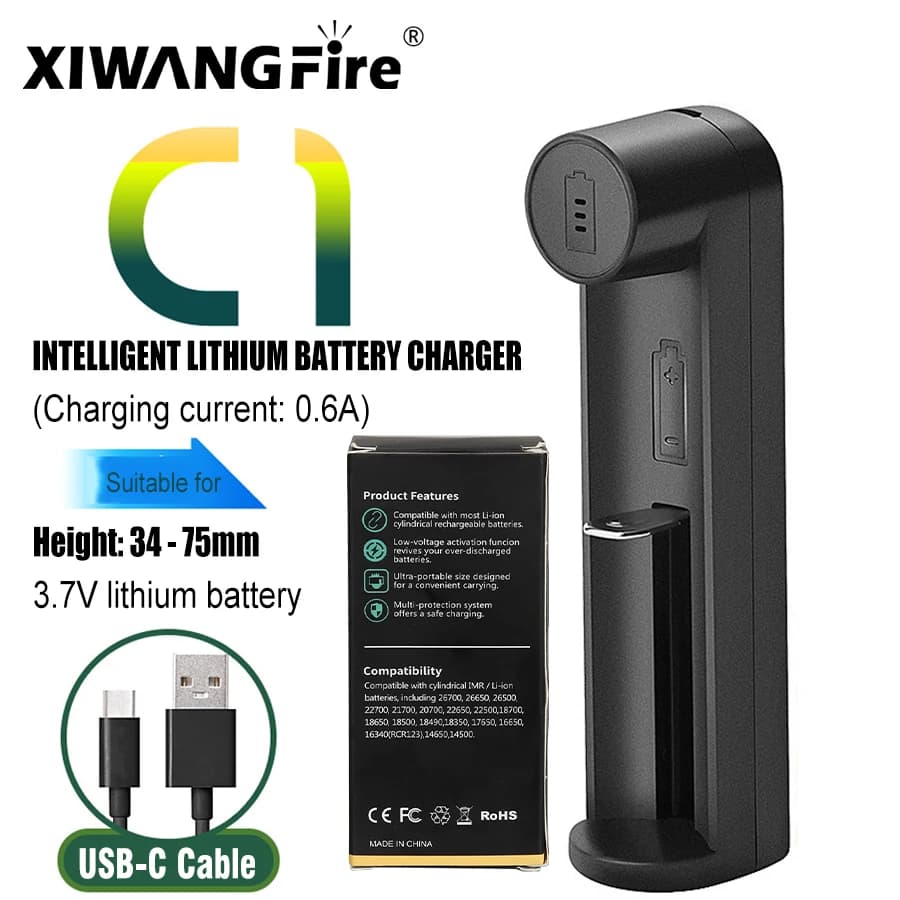 1 pack charger of 3.7 V for lithium ion batteries with fully loaded automatic stop, suitable for 26650/18650/21700/14500 for electric torches