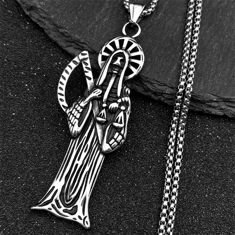 Stainless Steel Holy Saint Death Santa Muerte Grim Reaper Pendant Necklace Women Men Silver Color Vintage Sickle Skull Jewelry
