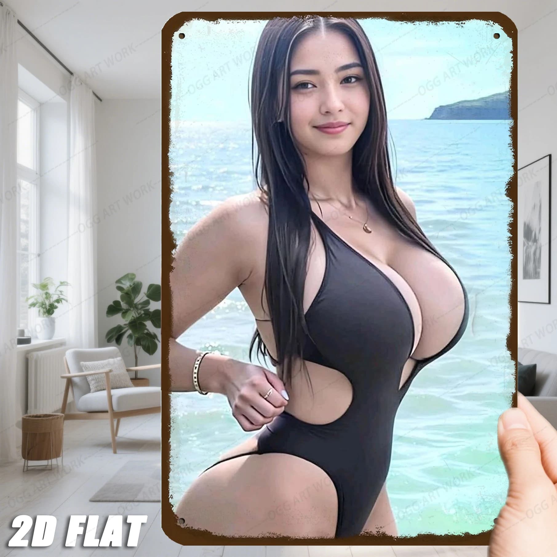 HD Tin Sign Beautiful Asian Woman in Black Cutout One-Piece Swimsuit at Beach Vintage Metal Plaque Wall Art Decor for Bar Pub Ma