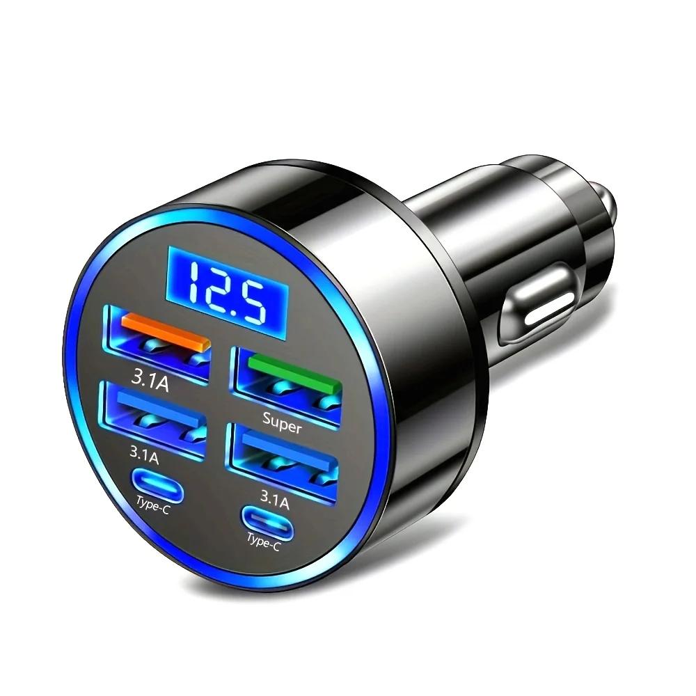 Quick Charging Car Adapter 6 in 1 3.1A Dual Digital Display Type C Smartphone Tablet Power Bank Portable Charger Black