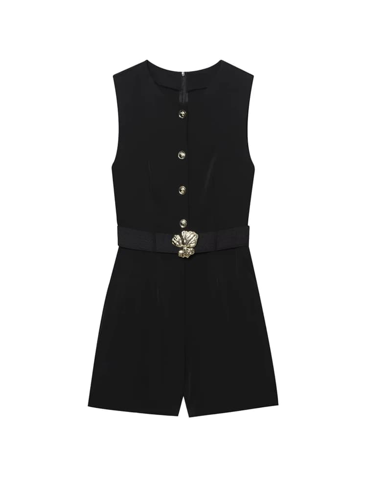 Sleeveless dress with fashionable women's belt with front pockets. Elegant women's suit for casual clothing