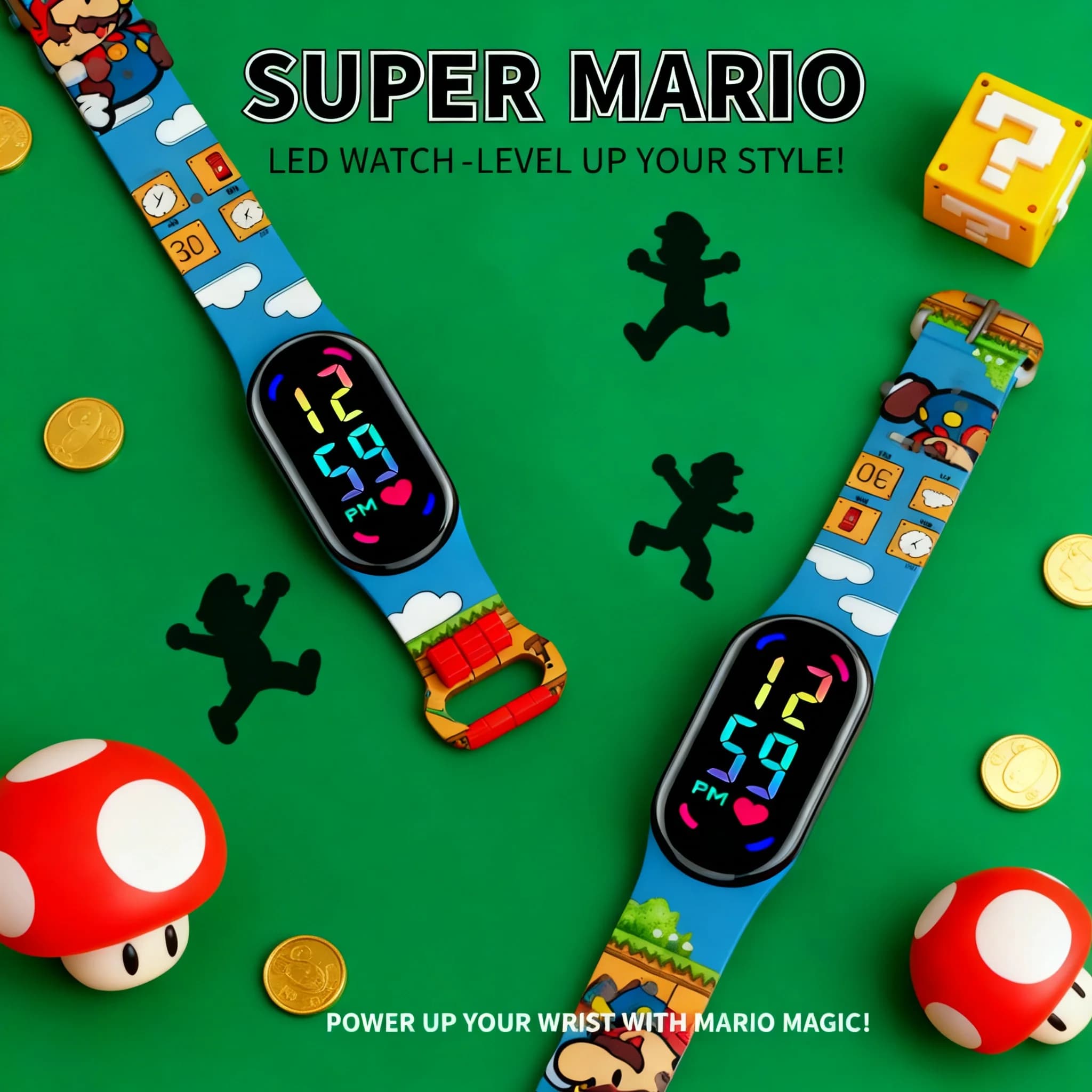 Orologio Digitale Mario Bros Impermeabile con Cinturino Sportivo per Bambini con Personaggi Luigi, Principessa Peach, Yoshi, Bowser