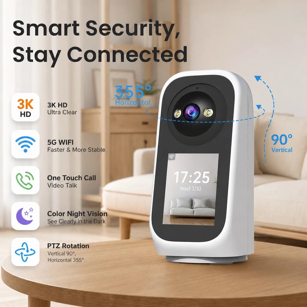 Telecamera IP PTZ Jooan 3K con videochiamata, schermo LED da 2,8 pollici, rilevamento del pianto del bambino, telecamera di sicurezza con tracciamento AI, baby monitor.