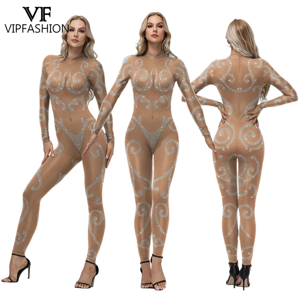 VIP FASHION Donna 3D Crystal Diamond Skin Print Body Show Party Tuta Halloween Costume Cosplay Festival Zentai Catsuit