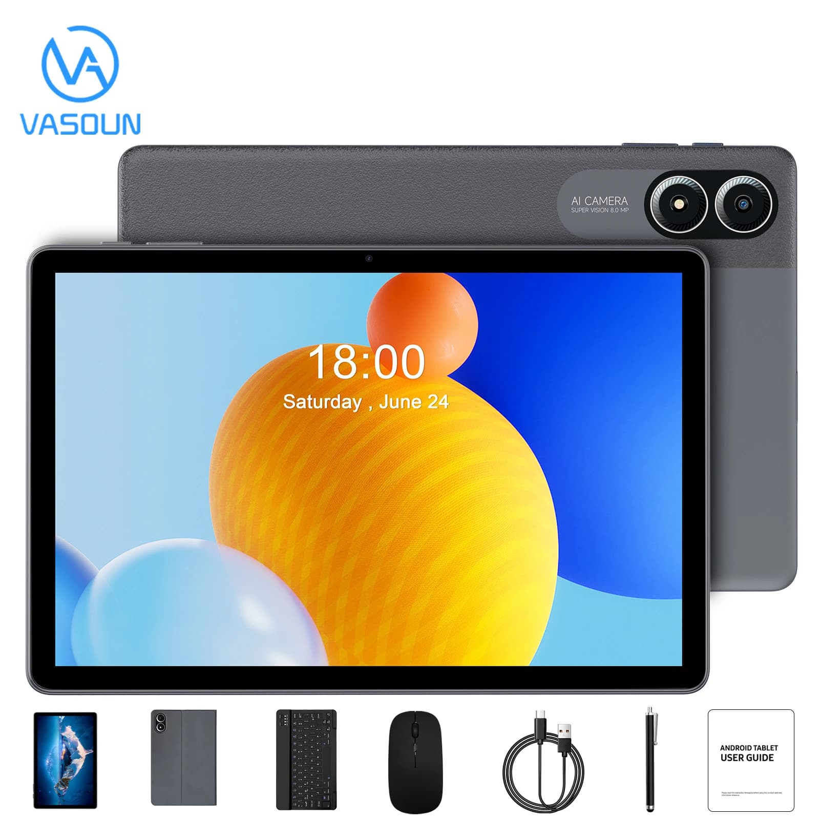 VASOUN Tablet Android 15 da 11 pollici con tastiera, mouse, custodia e stilo, Octa-Core 128 GB ROM, display IPS, batteria da 8000 mAh Doppia CAM