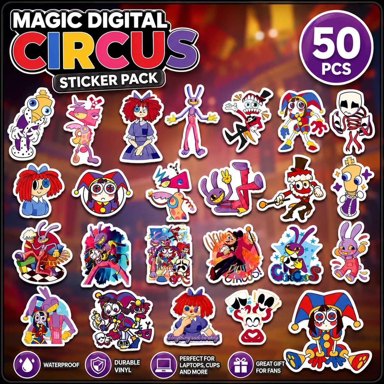 50pcs Cartoon Magic Digital Circus Stickers Waterproof DIY Decals for Journal Scrapbook Water Bottle Laptop Decor