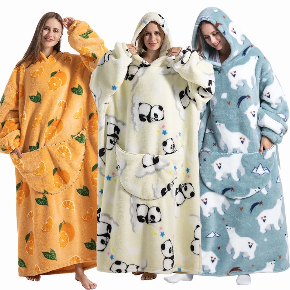 Coperta indossabile in flanella lunga da donna invernale con tasca gigante Calda coperta Sherpa con cappuccio Coperta oversize per TV gigante in pile per adulti