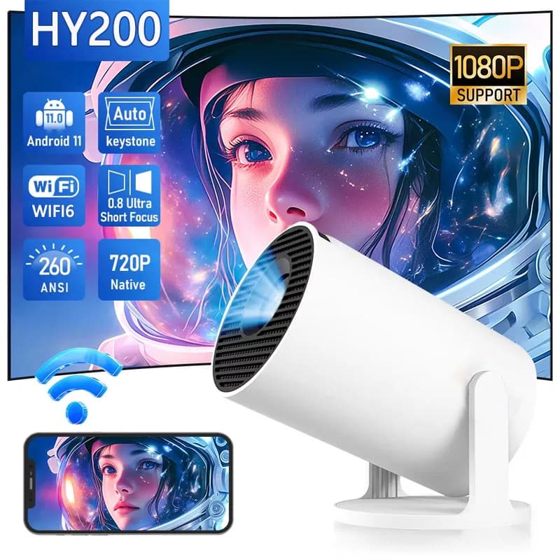 Nuovo Proiettore Portatile HY200 2026 4K Ultra HD 300ANSI Android 11 BT54 con Messa a Fuoco Elettronica e Altoparlante Integrato per Home Theater