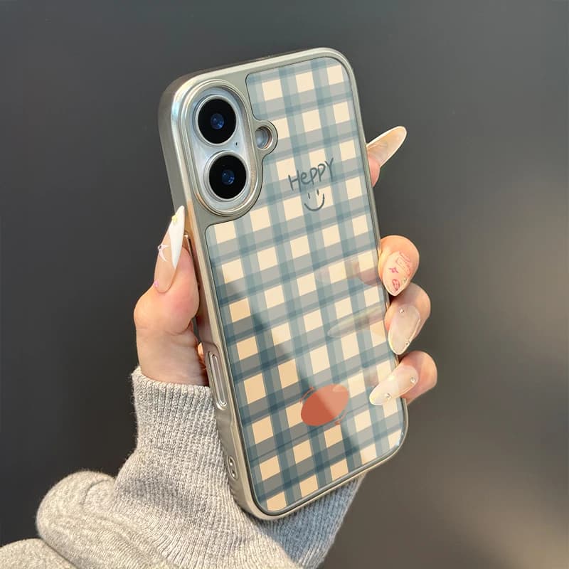 Happy smiling face with anti-goccia phone case in Epoxy TPU with blue square silver edge for iPhone XR/11/12/13/14/15/16/17 Pro Max