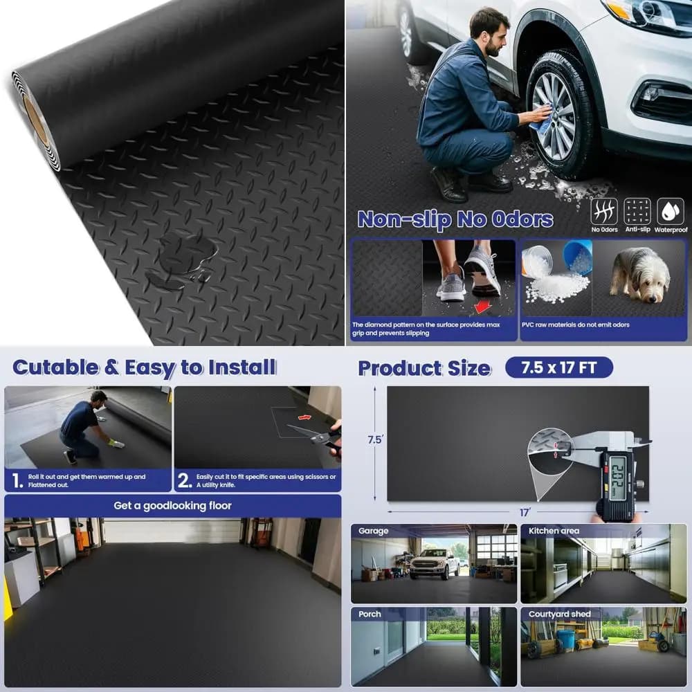 Tappetino per garage impermeabile antiscivolo in PVC con piastra diamantata per carichi pesanti - 7,5x17 piedi per automobili e officine