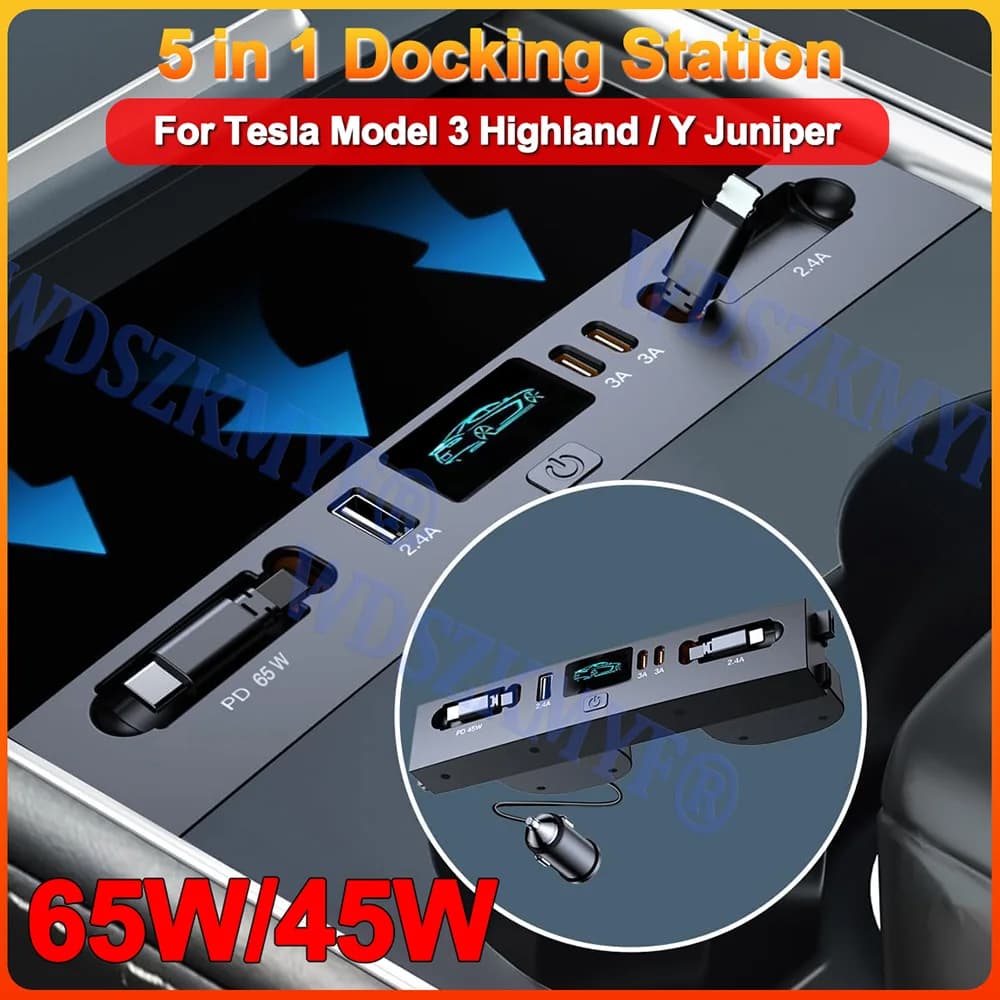 For Tesla Model 3 2024-25 / 2025 Model Y 65W USB Shunt HUB 5 IN 1 Docking Station Smart Car Adapter Powered Quick Charging