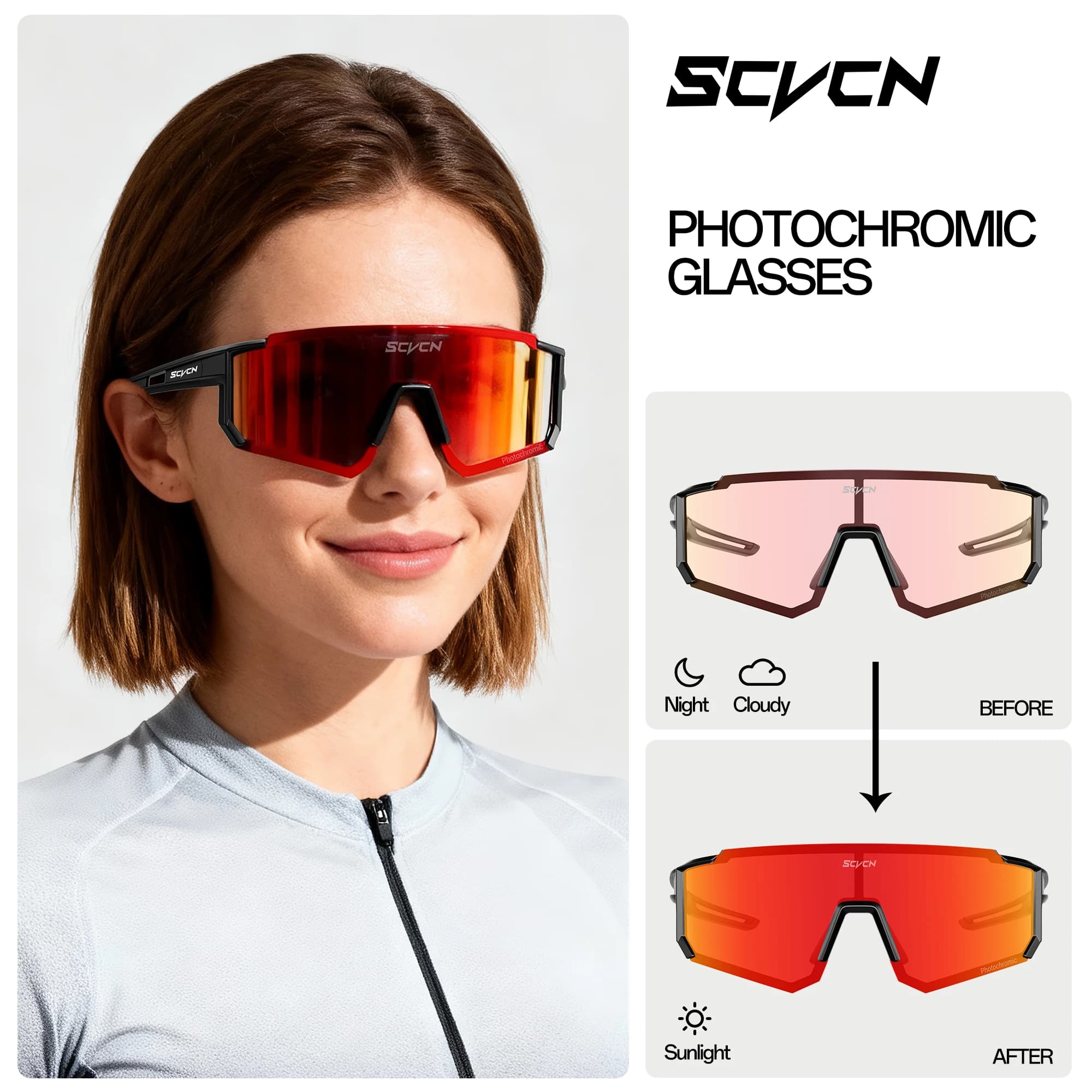 SCVCN Hot Photochrome Protective Cycling Sunglasses MTB UV400 Outdoor Bike Glasses Man Woman Sports Windproof Cycling Glasses