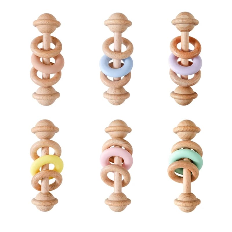 Giocattoli per bambini Sonagli in legno Anello in silicone Sonagli e cellulari per bambini 0 12 mesi Giocattoli sensoriali per bambini Massaggiagengive in legno per regali per bambini