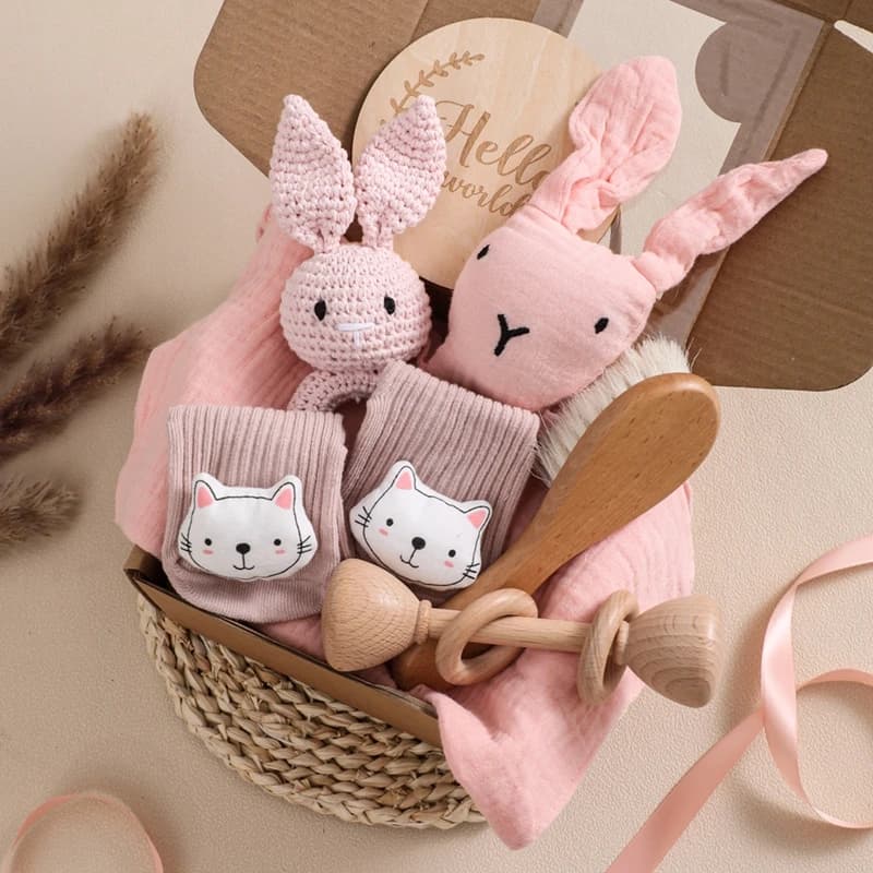 Facciamo il Set di giocattoli da bagno per bambini coperte di cotone a doppia faccia anello in legno con sonaglio all'uncinetto spazzola da bagno per massaggiagengive per neonati per regalo neonato