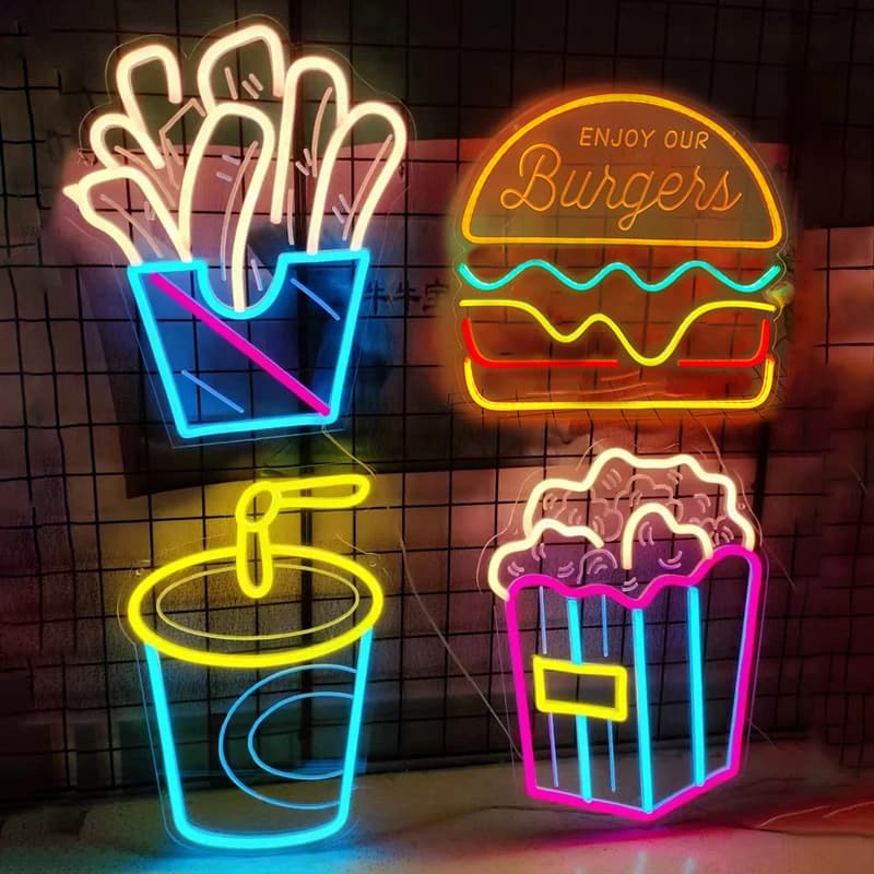 Insegna al neon per feste di negozi d'affari, hamburger, pizza, patatine fritte, luce al neon per ristorante, mangiare la casa, cartello da parete a LED, negozio di alimentari, arredamento cinematografico