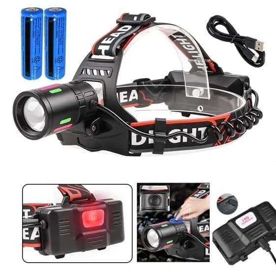 Lampada Frontale LED Ricaricabile USB, Torcia da Testa con Zoom, Luce da Lavoro Super Luminosa, 3 Modalità con 2 Batterie agli Ioni di Litio