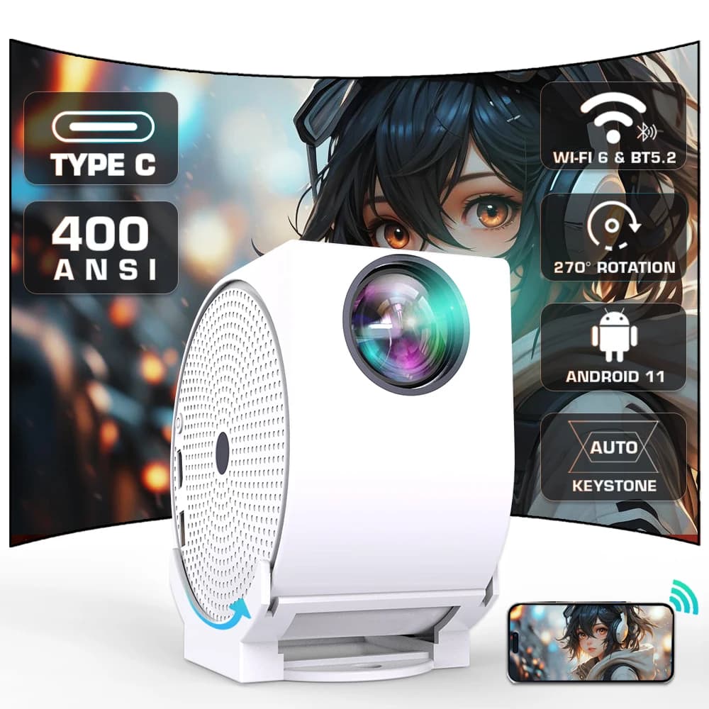 Mini proiettore TIPO C 4K con WIFI 6 e Bluetooth BT5.2, proiettore portatile 4K HD 400ANSI Proiettore video cinematografico ruotabile
