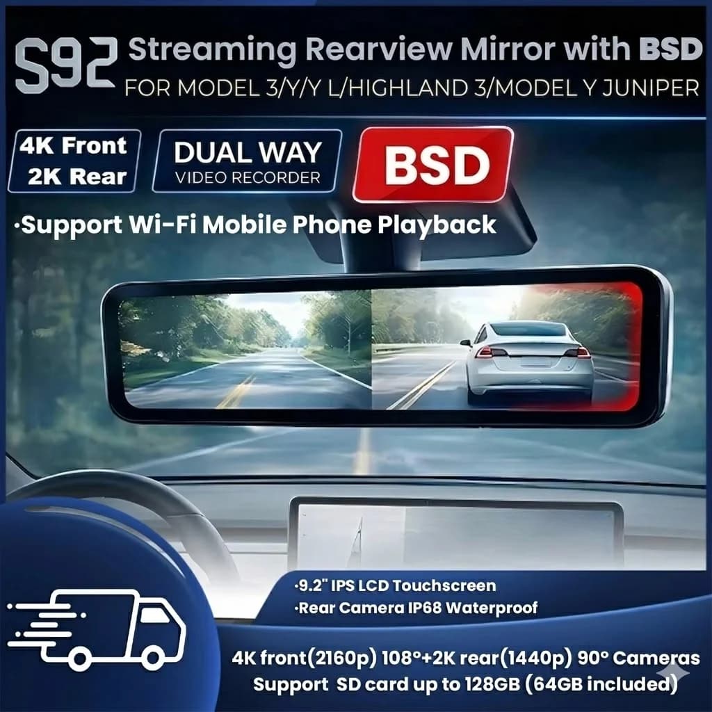 Nuovissimo Specchietto Retrovisore con Visione Notturna BSD per Tesla Model 3/Y Juniper/3 Highland, Doppia Dash Cam con Streaming e Rilevamento Angolo Cieco