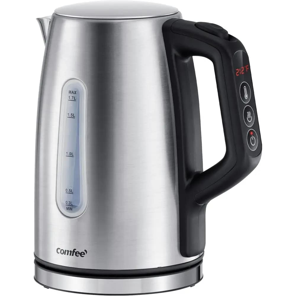 Controlled temperature electric kettle with 6 settings, capacity of 1.7 liters, heat maintenance for 1 hour, power of 1500 W, automatic shutdown and protection against dry boiling