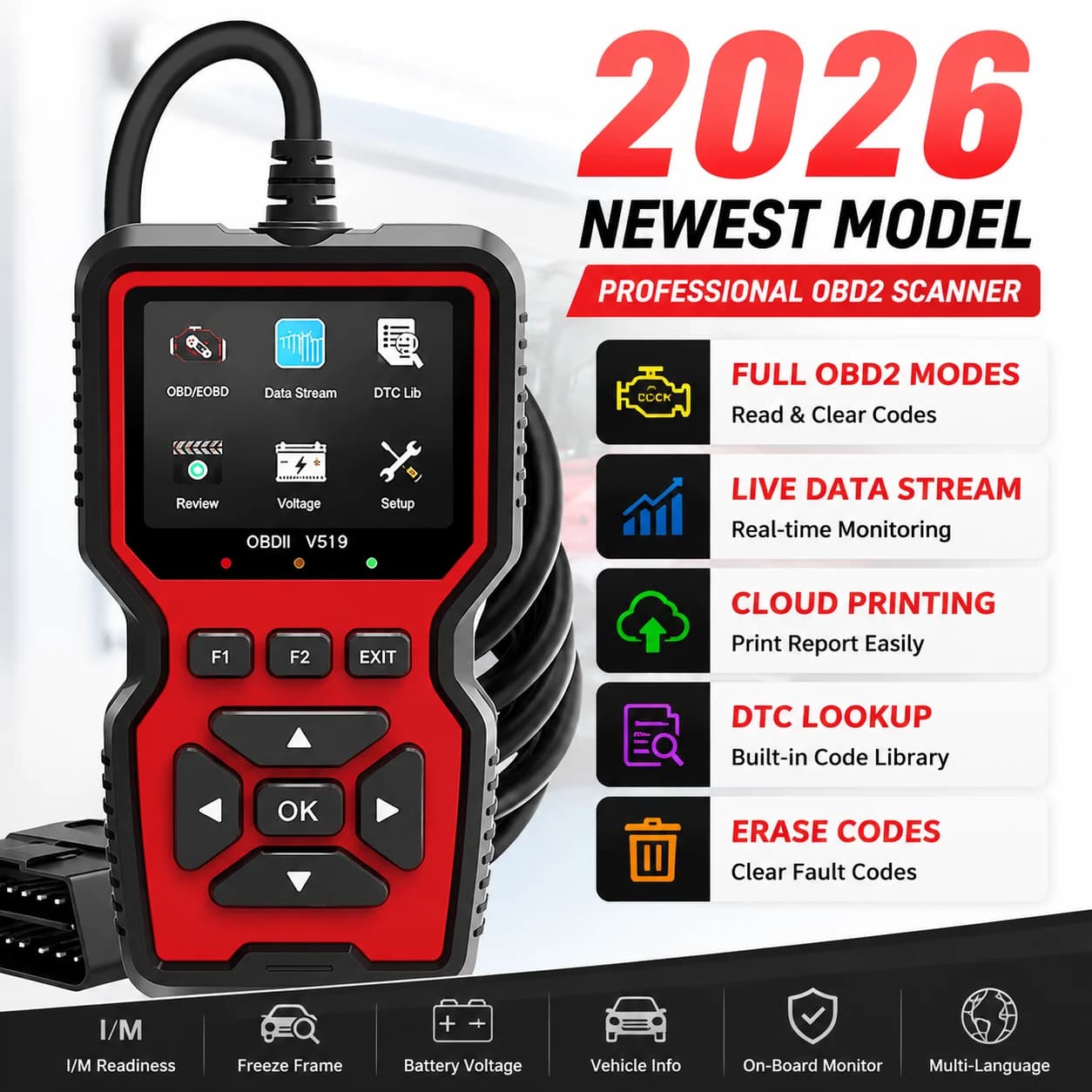 Engine Control System Battery Tester V519, OBD2 Code Reader for Auto, OBD II EOBD Scanner, Diagnostic Tool for Erasing Codes Error