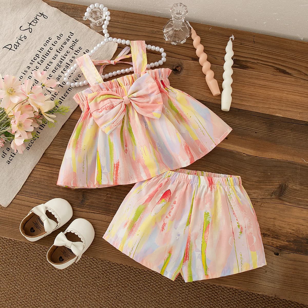 Top con fiocco dolce + pantaloncini colorati Set da due pezzi per bambina, nuovi vestiti estivi per bambini (9 mesi-4 anni)