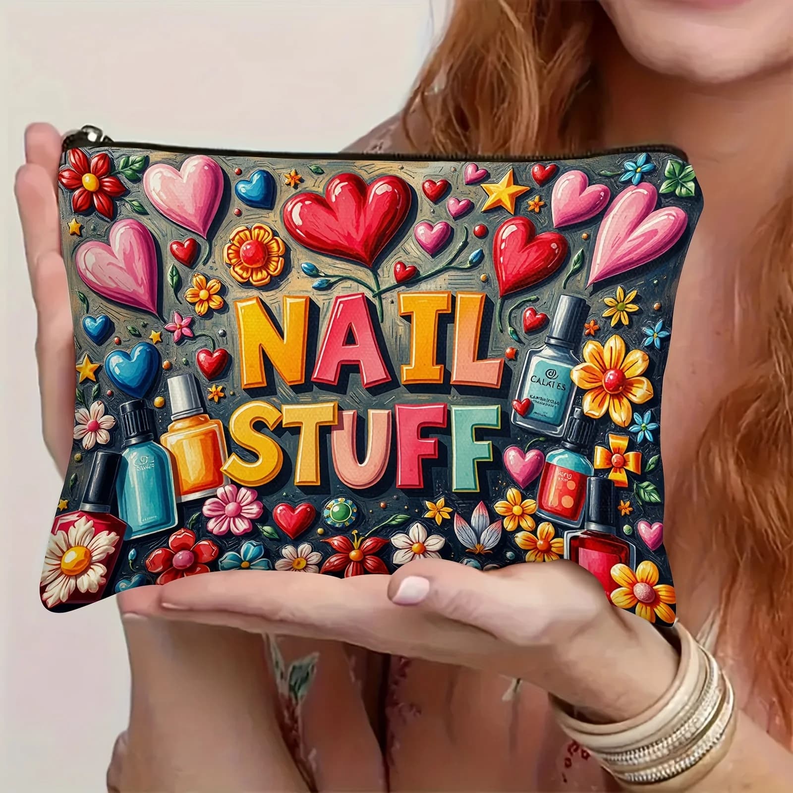 1 pezzo di accessori per nail art, con cuori colorati e disegni floreali retrò, borsa da viaggio multifunzionale per il trucco, borsa per snack, borsa per cancelleria, borsa da toilette alla moda, pochette con cerniera stampata su entrambi i lati in tela