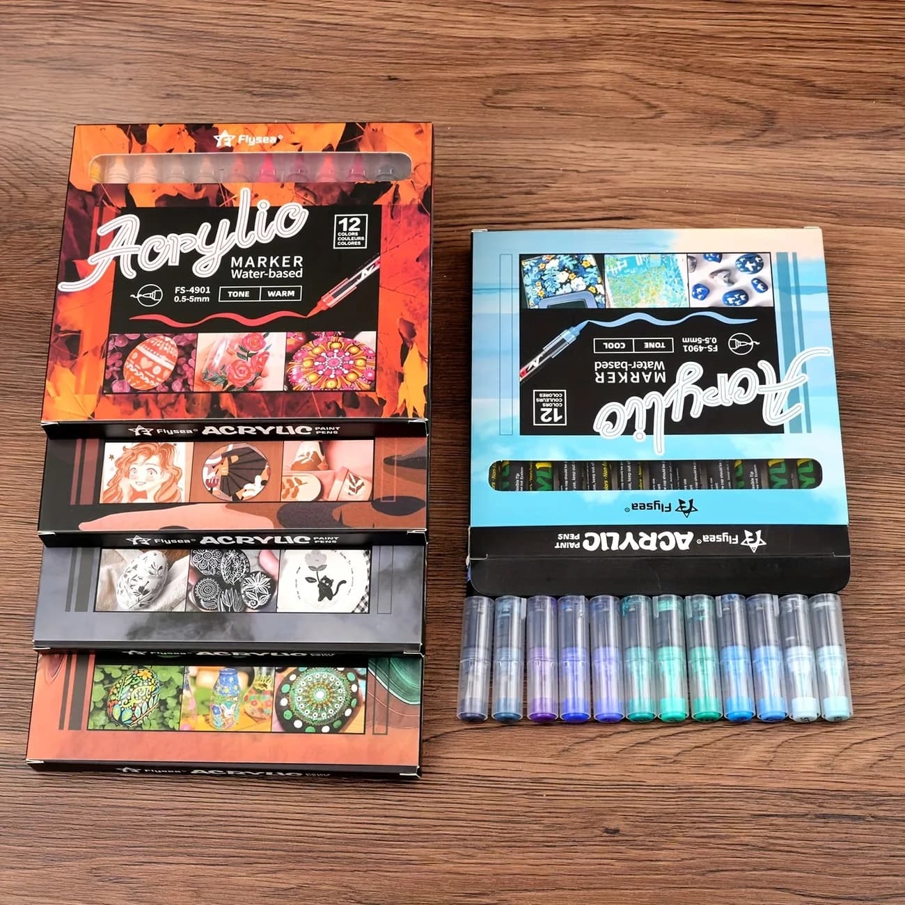Flysea 12 Colors Water-Based Acrylic Paint Pens for Rock Painting, Quick-Dry Multi-Surface Markers for Stone, Wood, Canvas, Glas