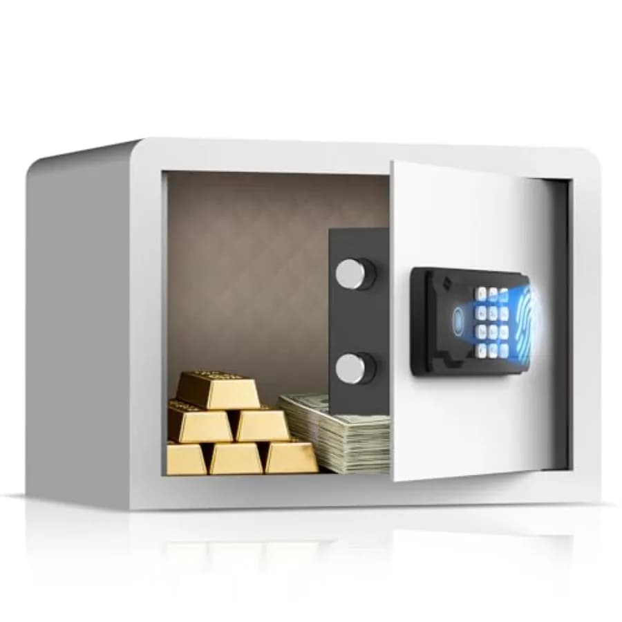 Cassaforte Biometrica Compatta con Serratura a Impronta Digitale 9.9D x 13.8L x 9.9A, Cassaforte Digitale Intelligente con Modalità Silenziosa, Tastiera Retroilluminata e Luce LED